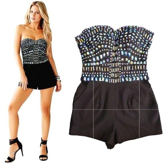 GUESS Black Jewel Embellished Strapless Festie Stretch Romper Shorts Size 2 - Picture 2 of 15